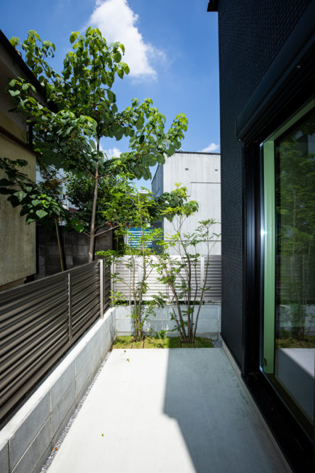注文住宅「外観がブラックの空間をうまく使った狭小住宅」の中庭の施工事例